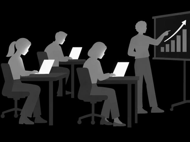 Ilustração: a equipe resolve cada um na própria tela, e a pessoa-chave mostra um gráfico subindo