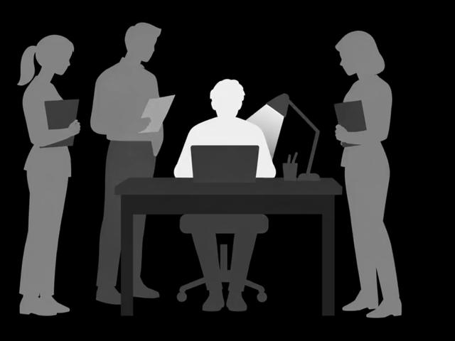 Ilustração: a equipe espera em fila, com papéis na mão, na mesa da pessoa-chave